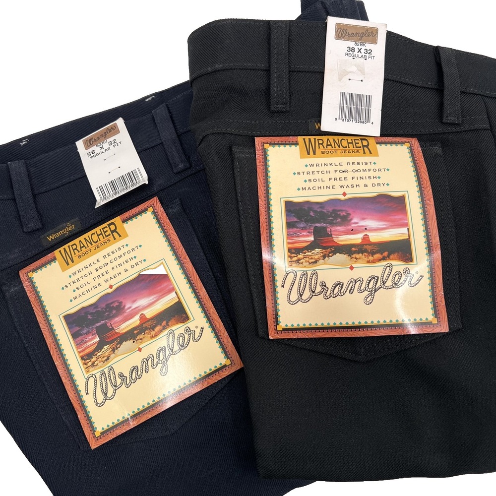 WRANGLER Men's 38x32 NWT LOT OF 2 Polyester Wrancher Boot Cut Pants--Navy/Black